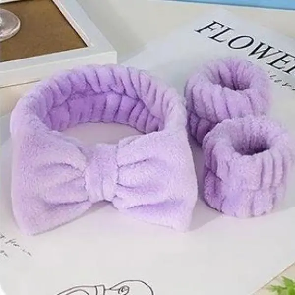 3-Piece Splash-Proof Set - Purple, a Women's Daily Skincare Accessory with Soft Coral Fleece Fabric Bow Headband and No-Drip Wrist Cuffs, Bathroom Vanity, Water Absorbent