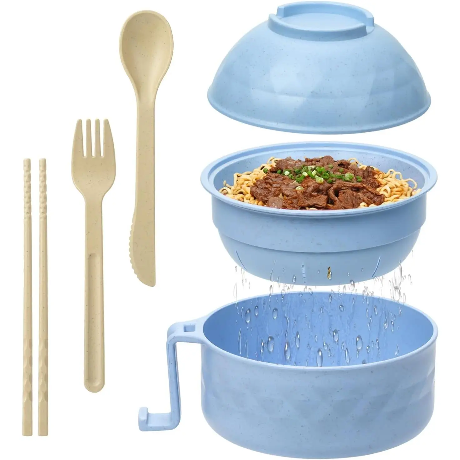 Ramen Cooker,32oz Ramen Bowl Set,Microwave Ramen Bowl, Microwave Bowl with Lid, Portable Noodle Bowls,for  Office Dorm Room College  (Light Blue)