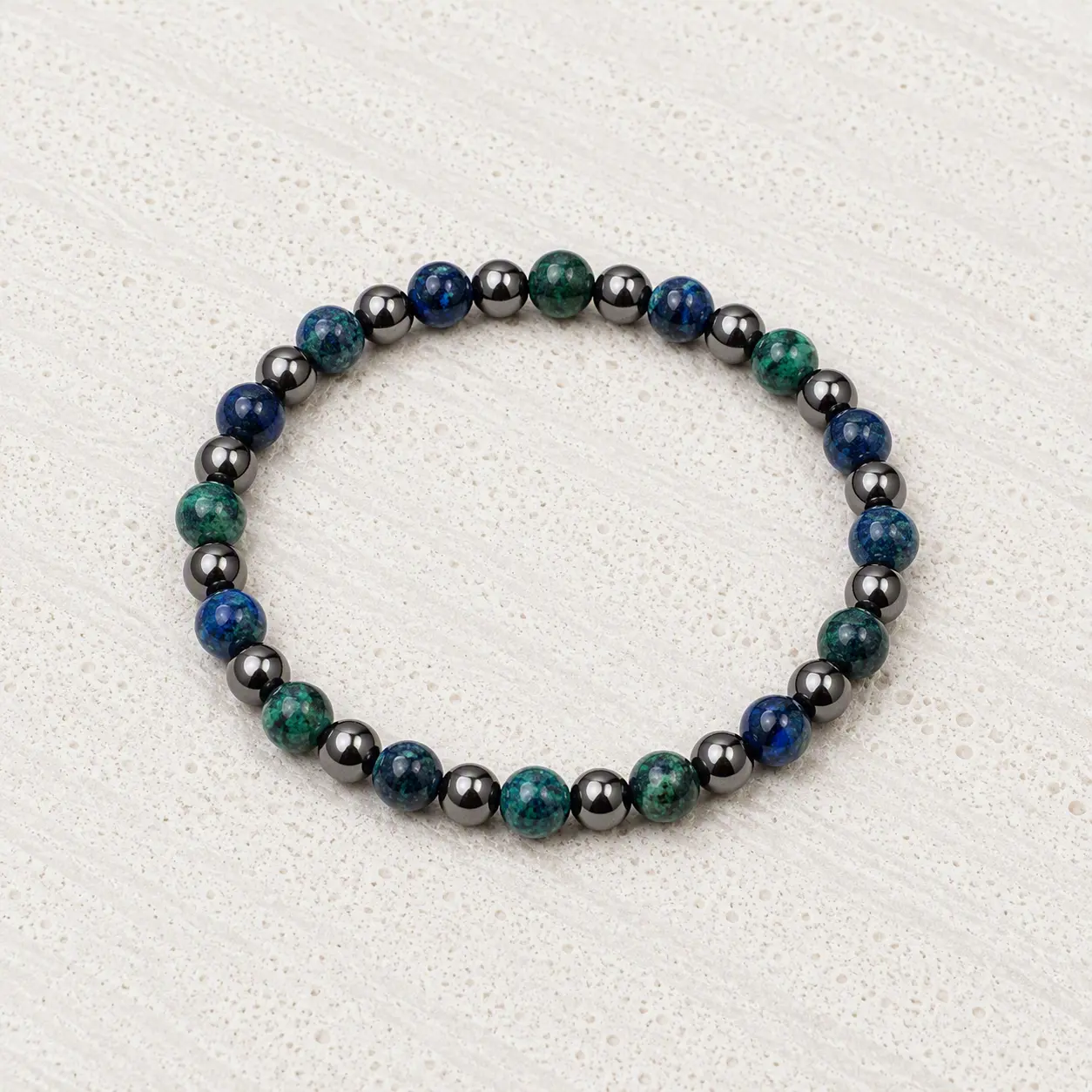 Azurite, Hematite 6mm Beaded Stretch Bracelet • Clarity, Insight, Grounded Strength