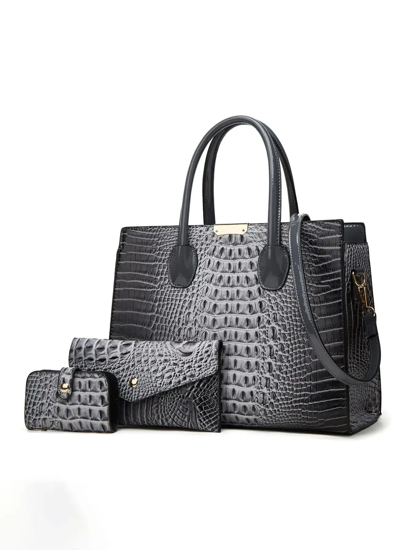 Women's Crocodile Pattern Lux Tote Bag Purse Set, Designer Bags, Large Capacity Shoulder Crossbody Bags, with Long Wallet & Short Wallet, Fashion Wome