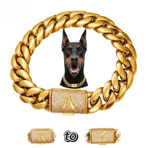 Customizable Gold Cuban Chain Dog Collar - 14K Gold Plated Heavy Stainless Steel With A-Z Pendant, Luxury Personalized Collar For All Dog Sizes (8.5-30")