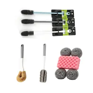 4 Sets Multi-Type Kitchen Cleaning Brush Set, Silicone & Sponge Bottle Brushes, Natural Fiber Pot Brush, and Stainless Steel Scourer with Sponge Pad, for Bottles, Pots, and Cookware