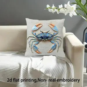 Blue Crab Embroidery Style Pillow Cover, 2D Print Not Real Embroidery, Single Piece, Decorative Pillow Case, Home Accessories