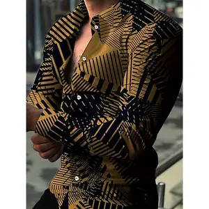 Men's Chic Geometric Print Long Sleeve Lapel Shirt - Fashion Basic Top for Spring Fall