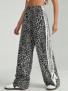 Women's New Elastic Waist Leopard Print Knit Pants, Tie-Dye Striped Loose Fit Straight Leg Versatile Long Pants for Casual Wear