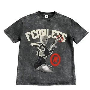 2026 Summer Must-Have: High-Quality Cotton Vintage Distressed Unisex T-Shirt | Relaxed Fit Short Sleeve with "FEARLESS" Slogan & Masked Figure (With Firearm) + Red Target/R Logo Graphic | Streetwear Casual Couple OOTD Tops | Gift for Men & Teens Fashion