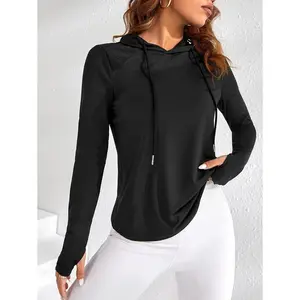 Women's Casual Solid Color Thumb Hole Drawstring Hooded Sweatshirt, Autumn