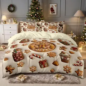 3pcs Christmas Comforter Set, Festive 2D FLAT Gingerbread Man Design, Includes 2 Pillowcases, Perfect for Christmas bedding gifts, Durable Material Comfy Bed Sets