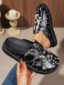 Punk Style Rivet Decorated Thick Sole Mules, Glossy Outdoor Half Slippers, Large Size Women's Sandals for Cross-Border Shopping