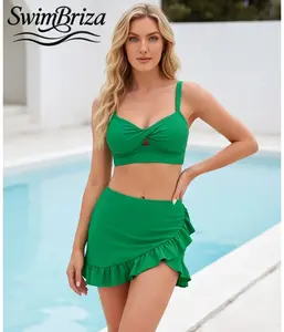 Briza｜Women's Twist Front Ruffle Two Piece Swimsuit High Waisted Bikini Set Push Up Padded Swimwear Matte Stretch Green Vacation Bathing Suit Beach Days Adjustable Straps Cute Swimsuits, Women's Swimwear, Bathing Suit for Women, Ruffle Style