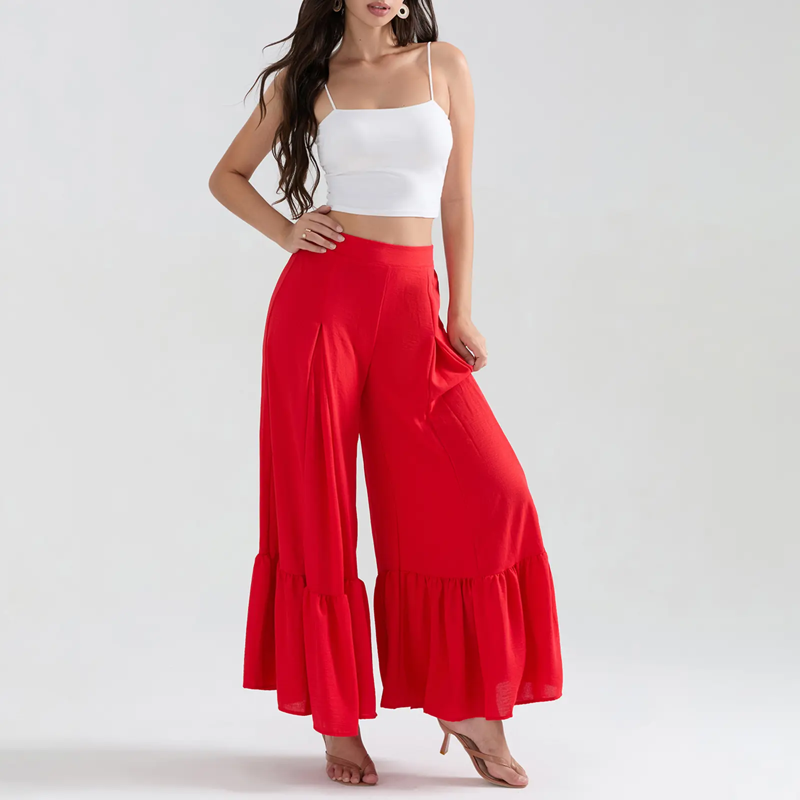 Women's Summer Culottes Solid Color Mid Rise Wide Leg Pants Casual Palazzo Trousers