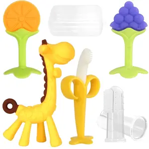 Baby Teething Toys, Silicone Baby Teether Freezer BPA Free, Soothe Babies Teething Relief Sore Gums, Banana Finger Toothbrush, Fruit Shape Giraffe Teether Set for Infant Boys and Girls