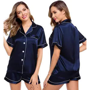 Womens Silk Satin Pajamas Short Sleeve Loungewear Two-Piece Sleepwear Button-Down Pj SetGift