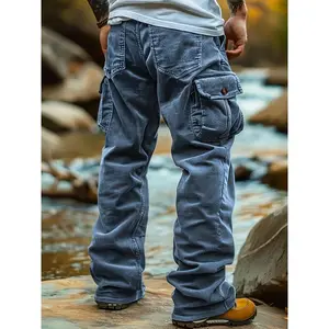 Men's Brown Corduroy Overalls with 3D Pockets - Casual, Breathable, Suitable for Casual Wear, Mid-Rise, Loose Fit, Suitable for Autumn and Winter, Everyday Comfortable Pants Fabric Menswear Polyester Stretch Trouser Plain Army Green