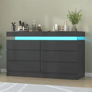 White/ Black 6 Drawer Dresser For Bedroom With Power Outlet, Dresser With LED Light, Modern Chest Of Drawers For Closet, Double Wide Drawer Organizer Cabinet For Bedroom, Living Room, Entryway, Hallway