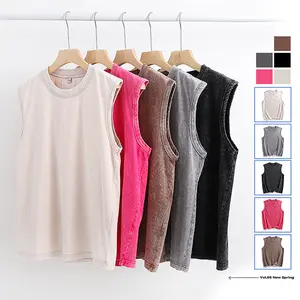 Vintage men’s wash tank top/round-neck retro vest — summer casual vacation loose pullover sleeveless crewneck short-sleeve crop T-shirt