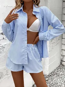 Neutral Dune Retro Resort Shirt & Shorts Two-Piece Set Lazy Coconut Grove Neutral Striped Vacay Co-ord Set Ins Low Saturation Relaxed Vibe Beach Getaway Two-Piece Set