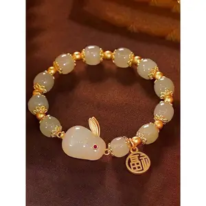 Chinese Character Detail Rabbit Charm Beaded Bracelet  na