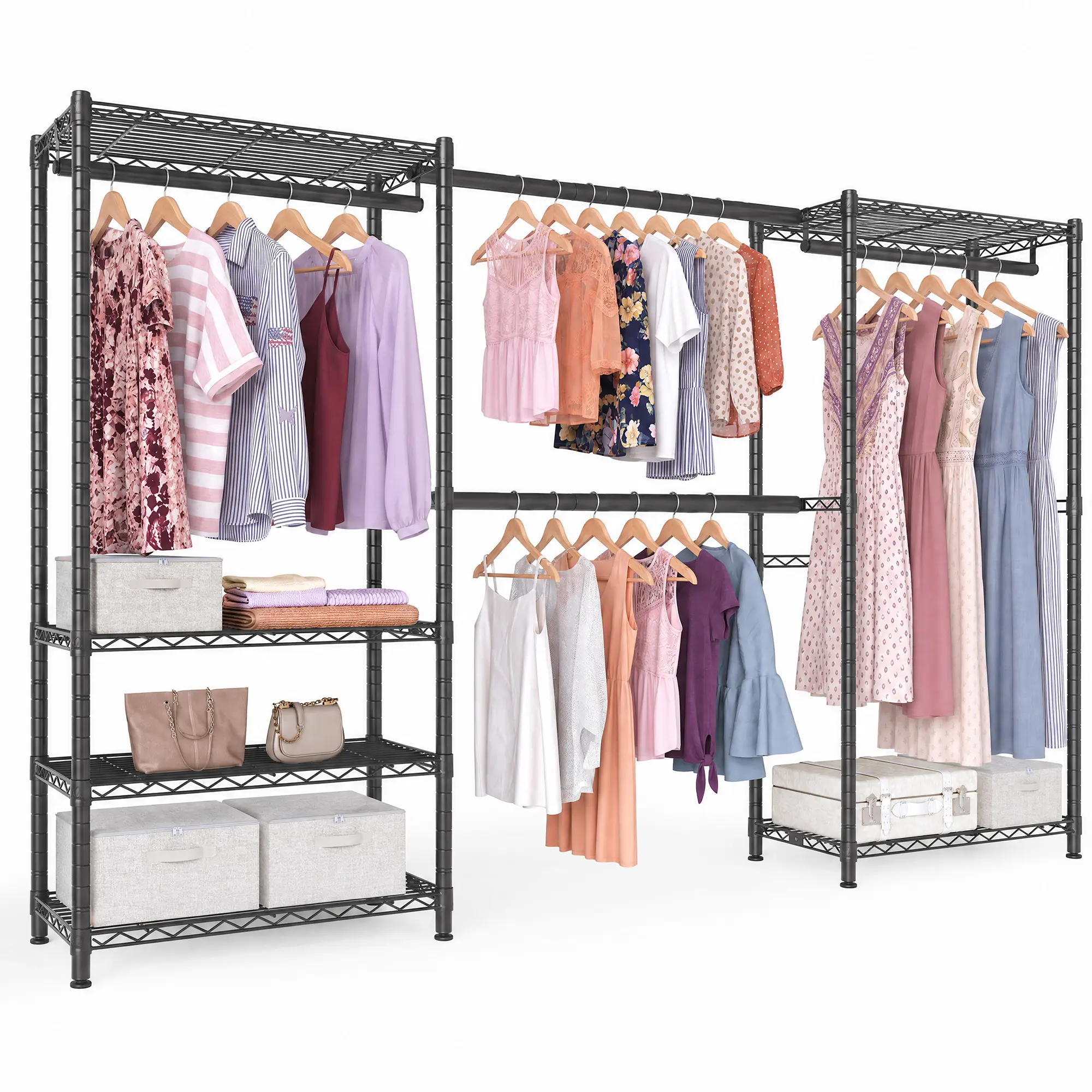 SONGMICS Heavy-Duty Clothes Rack, Extendable Garment Rack, Portable Closet with Adjustable Mesh Shelves and Hanging Rails, Hooks, 15.8 x 69.7-86.6 x 76.4 Inches