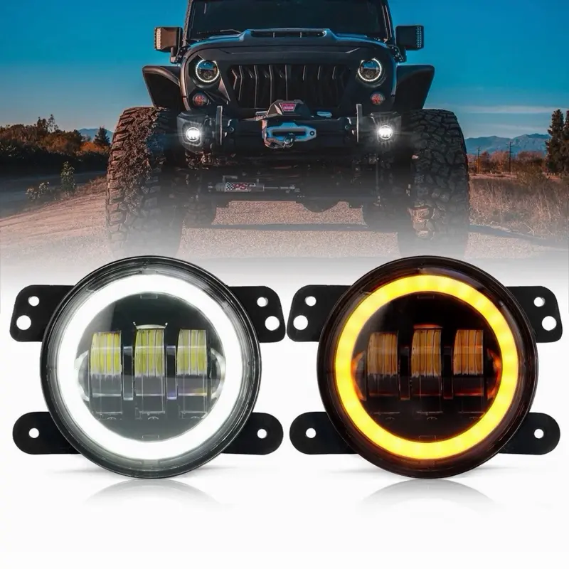 4" LED Fog Lights with White Halo Ring for 2007-2018 Jeep Wrangler JK JKU Bumper