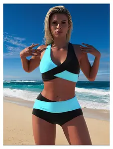 Women's Two Piece Swimsuit Striped Black White Athletic Bikini Set for Swimming Surfing Water Sports UPF 50+ Sun Protection Quick Dry
