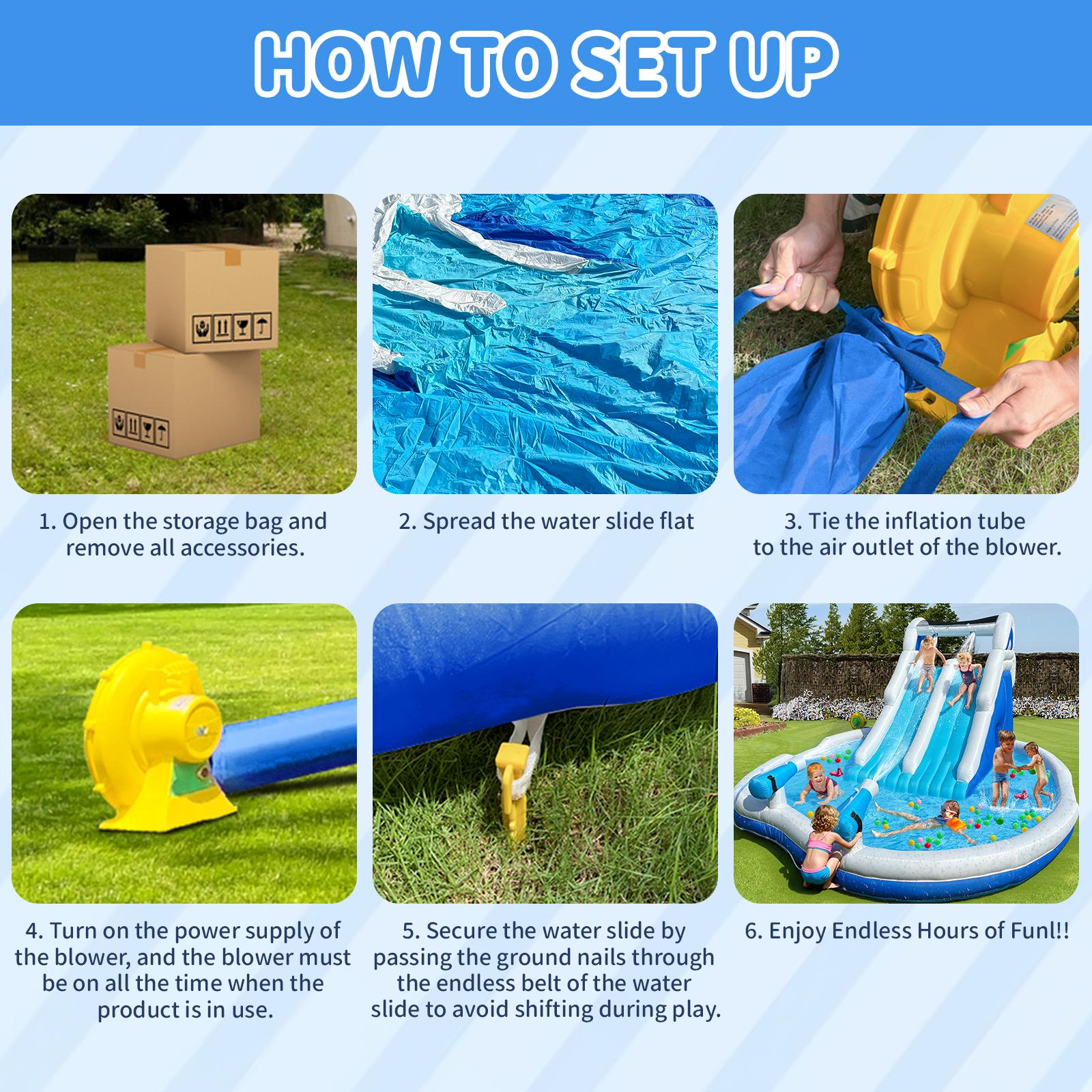 Inflatable Double Water Slide Large Climber Inflatable Water Park for Big Kids 5-10-Huge Splash Pool-Easy to Set Up & Inflate with Air Blower Carrying Case Water Pipe Storage Bag-Bule