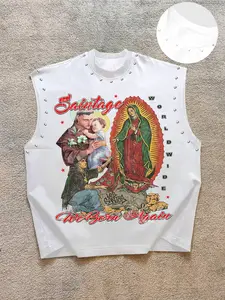 Men's Casual Vest, Background Letter Print Vintage Religious Patchwork, Mother Mary & Father Jesus Baby Graphic Pattern, Comfortable Fabric