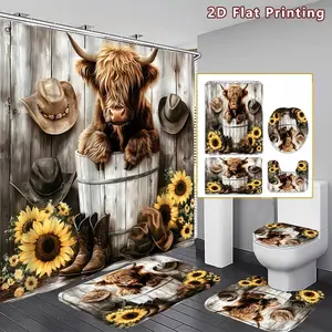 4PCS Highland Cow Shower Curtain set, Rustic Cow with Western Accessories Bathroom Decor, Accessories with Bath Mat, U-shaped Mat, Toilet Lid Cover, 12 Hooks 180x180cm Curtain, Western Farmhouse Lover, Home Decor, bathroom accessories