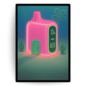 Funny Spongebob Vape Art Poster Featuring Bright Pink House with Neon Display Wall Print for Vaporwave Cartoon Aesthetic Décor