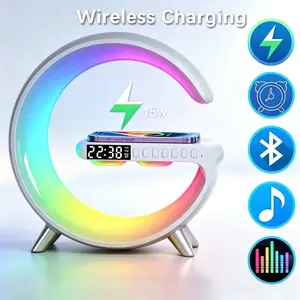 Smart Sunrise LED Table Lamp Multifunction RGB Alarm Clock Wireless Audio Speaker 15W Wireless Charging Station for Smartphones