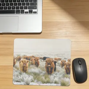 Nordic Winter Frost Grass Cow Mouse Pad, Highland Cow Pasture Landscape, Vintage Natural Series, Anti-Slip Computer Office Gaming Mat