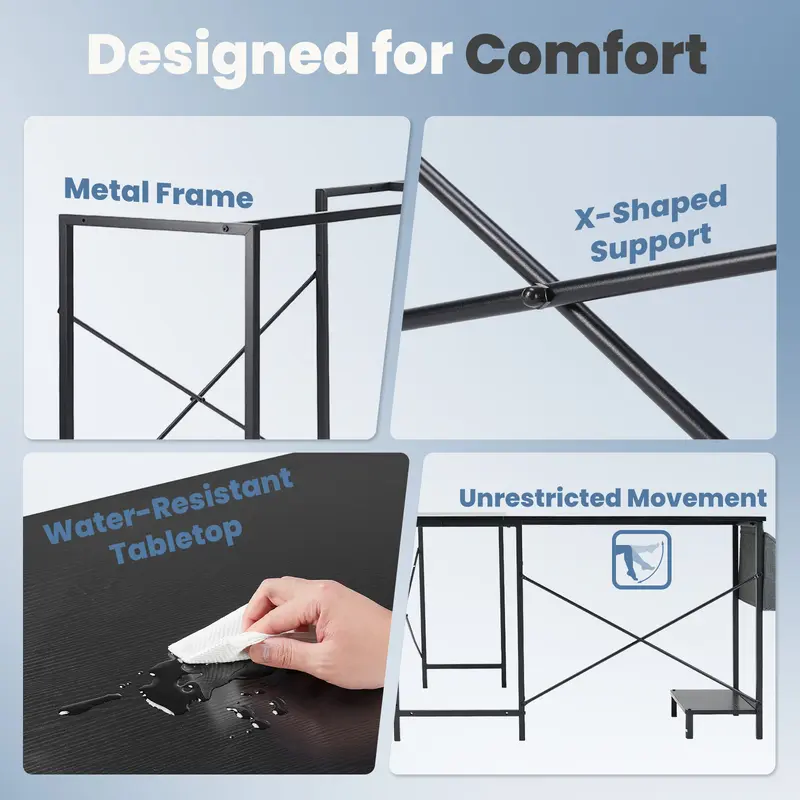 CornerCraft L-shaped desk metal frame and water-resistant tabletop detail