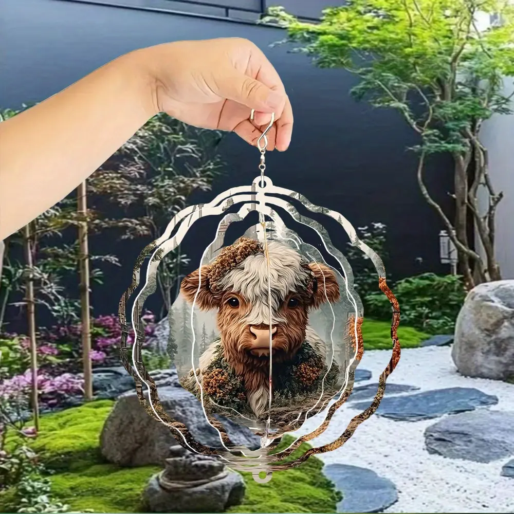 A Stunning Highland Cow Print Metal 3D Spinning Wind Chime with a 360 °   Rotating Hook Creates a Vibrant Artistic Effect, Making It Perfect for Decorating Gardens, Balconies, And Lawns. Its Unique Design Makes It an Ideal Gift for Friends And Fami,Rustic