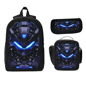 Mechanical Robot Print Backpack 3Pcs Set, Adjustable Shoulder Straps, Zipper Closure, 3pcs Set Includes Backpack, Crossbody Bag, and Pencil Case, Suitable for School, Travel, Camping, for Teenager