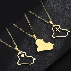 Stainless Steel Heart/Cross Republic Of Iraq Map Pendant Necklace Gold/Steel Color Iraqi Men Women Ethnic Jewelry Gift