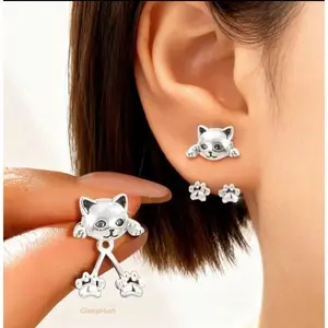 Cute Cat Paw Pendant Silver Earrings, Hypoallergenic Cartoon Studs for Daily & Party Wear