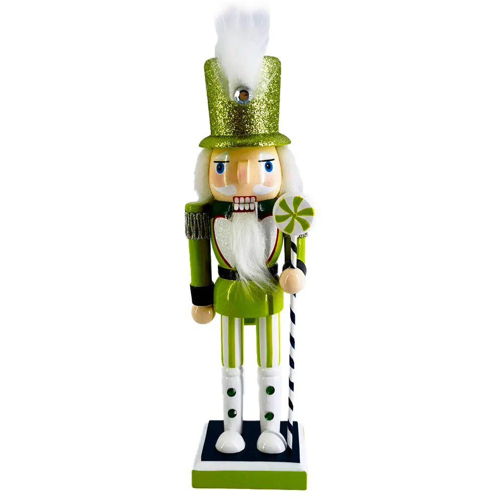 Trendy Chartreuse Soldier Nutcracker – 10‑Inch Candy Cane Staff Décor & Gift Piece