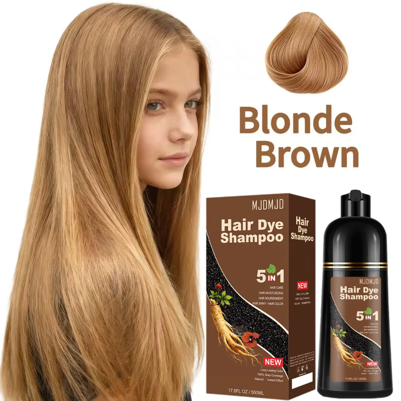 5 In 1 Blonde Brown Hair Dye Shampoo (16.9 fl oz) - Wild Ginseng Natural Plant-Based Herbal Extract Formula for Adults, Gentle Cleansing, Conditioning, Semi-Permanent Color, Easy Quick Application, Nourishes Normal/Curly Hair