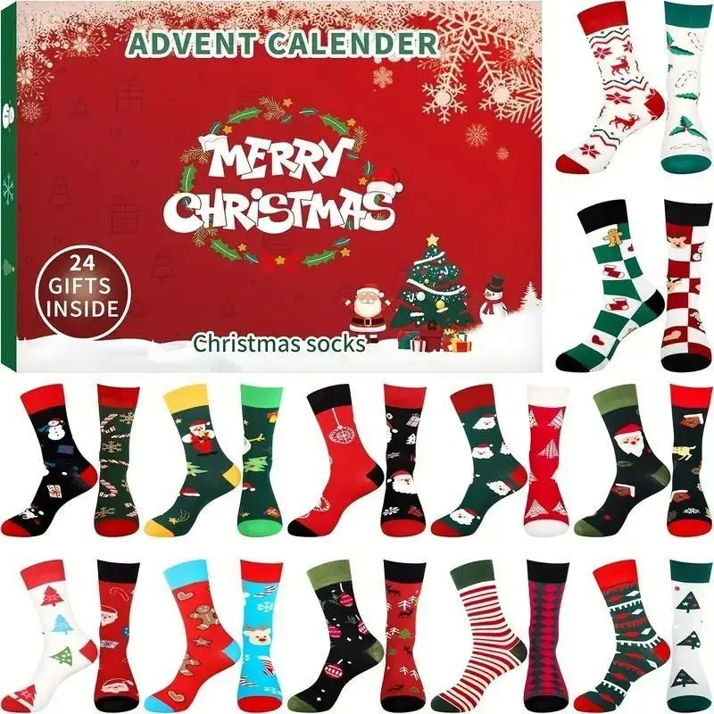 24pcs Sock Holiday Surprise Calendar, Christmas and New Year Countdown, 24-Day Gifts, No Power Needed, Durable Material, Set