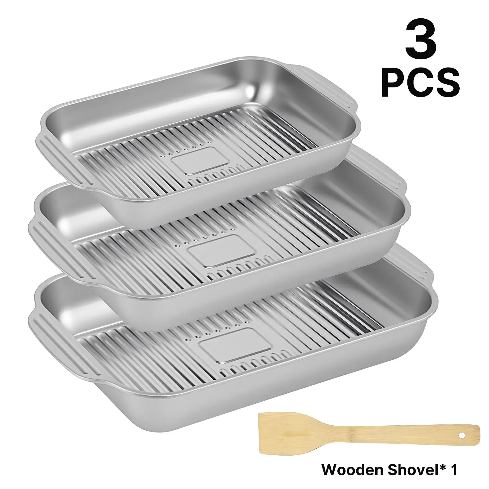 Stainless Steel Lasagna Pan with Lid –Set of 3 Large Deep Rectangular Baking Pans or Lasagna, Cakes, Roasting & Buffet – Dishwasher Safe, Anti-Rust, Ideal for Restaurant & Home Use