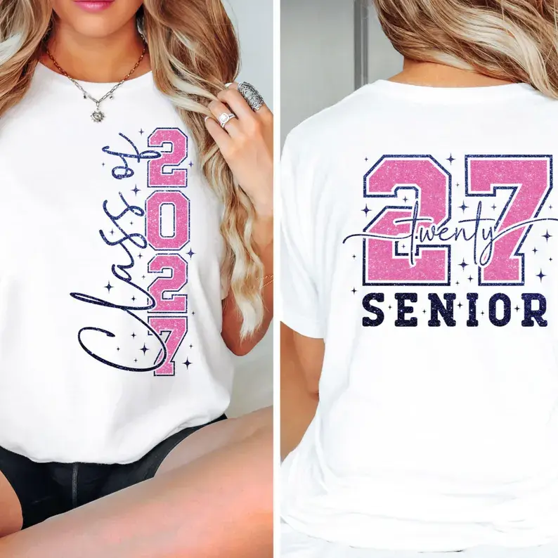 Class of 2027 Senior Graphic T-Shirt, Comfortable White Crewneck Short Sleeve Top for Casual Everyday Wear