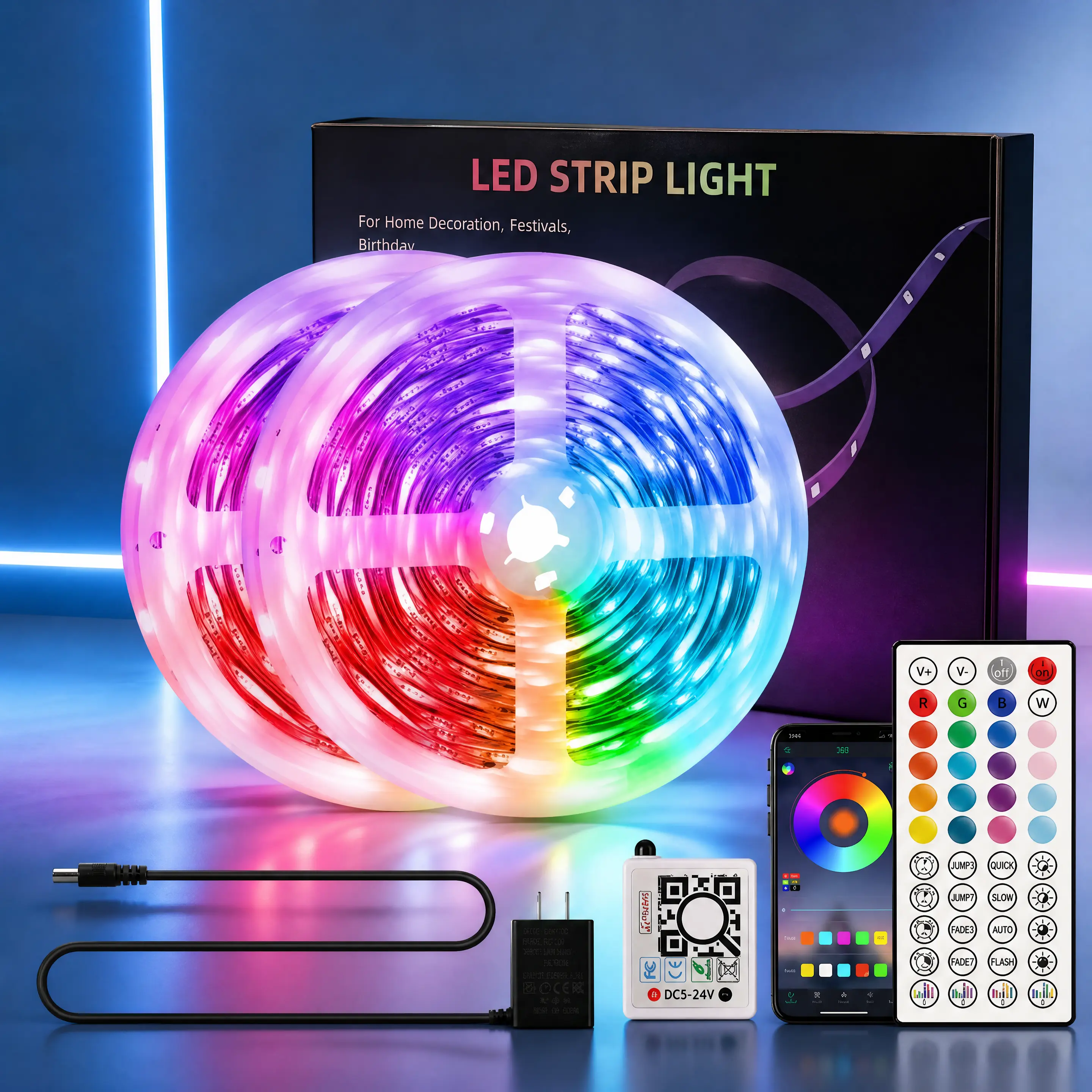 Led Strip Lights for Bedroom--RGB Led Strip Lights, Party decoration--RGB Music Sync Smart Led Light Strips with App & Remote Control, Color Changing Led Lights for Bedroom, Kitchen, Party, Home Decoration