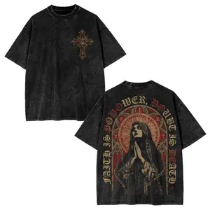 Men's Religious Graphic T-Shirt, Vintage Gothic Baggy Short-Sleeve Tee, Washed and Distressed Streetwear Design, Tshirt