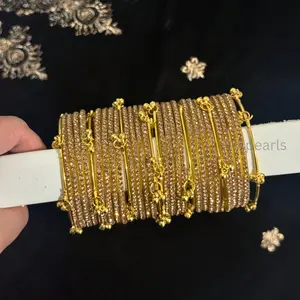 Gold Kashmiri Ghungroo with Stones Glass Bangles 32Pcs Set, Indian Wedding Jewelry
