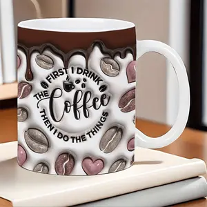 1pc Funny Coffee Lover Mug with "I Drink Coffee" Saying - 11oz Coffee Cup with Beans & Hearts, Dishwasher Safe - Brown & Coffee Theme Design for Home, Office, Birthday or Christmas Gifts for Women, Men, Coffee Addicts - Funny Coffee Cup for Everyday