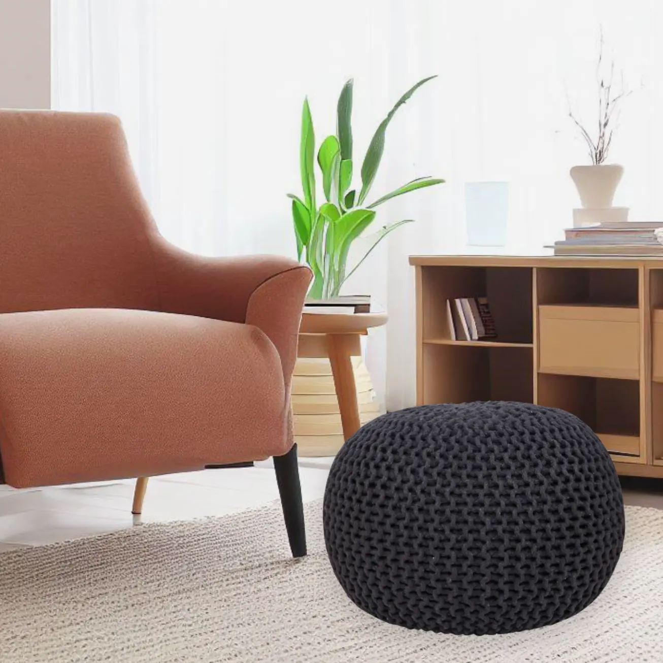 Timberbrook Designs Lychee Cotton Knit Pouf Ottoman 20x20x14 Inches Charcoal Color for Modern Living Room Decor