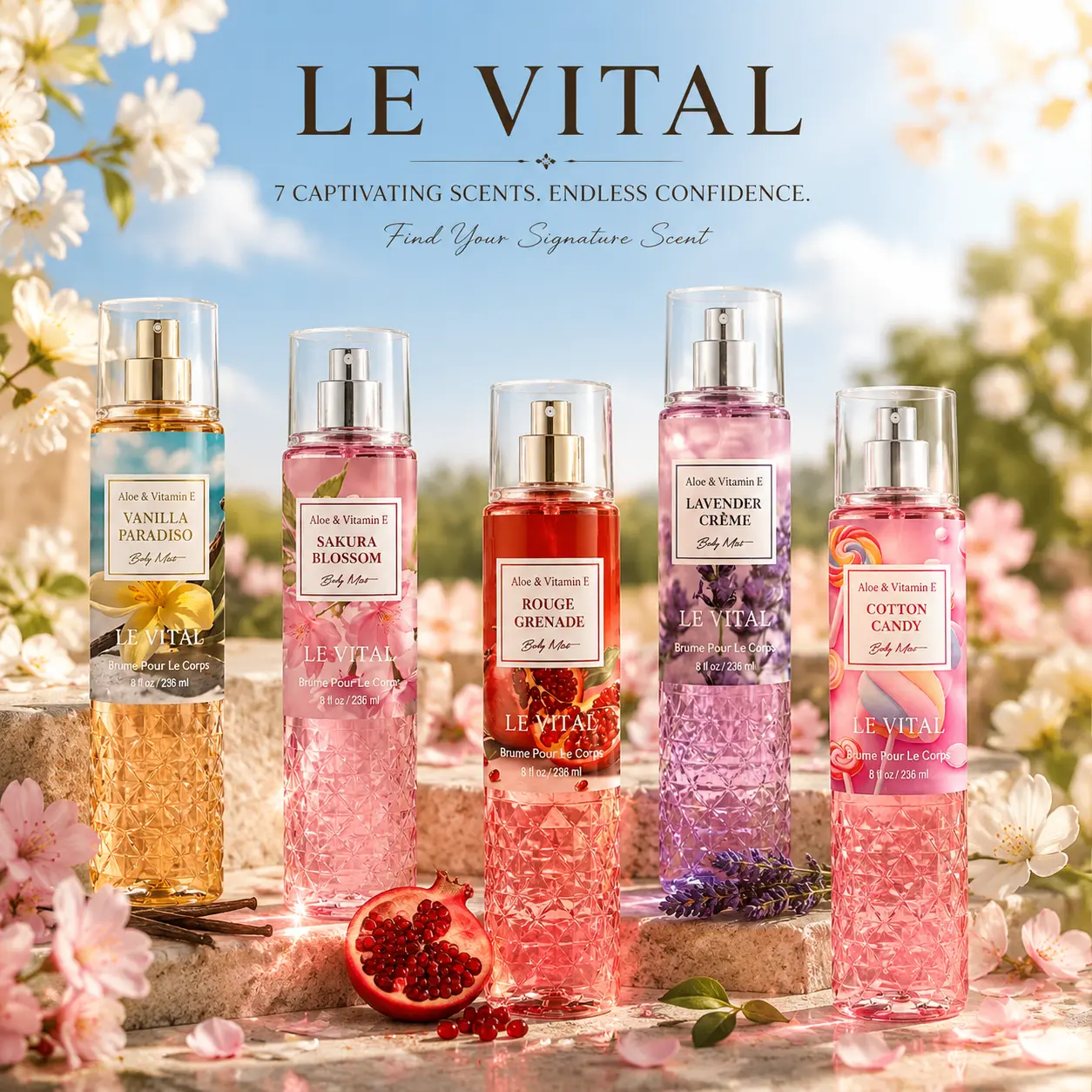 LE VITAL 5 Scents Fine Body Mist (236ml/8oz) – Lavender, Vanilla, Pomegranate & Cherry Blossom Perfume Spray, Long-Lasting Fragrance Mist & Body Splash with Aloe & Vitamin E for Women, Floral Natural Fragrance, Smelling Good, Fine Mist Spray