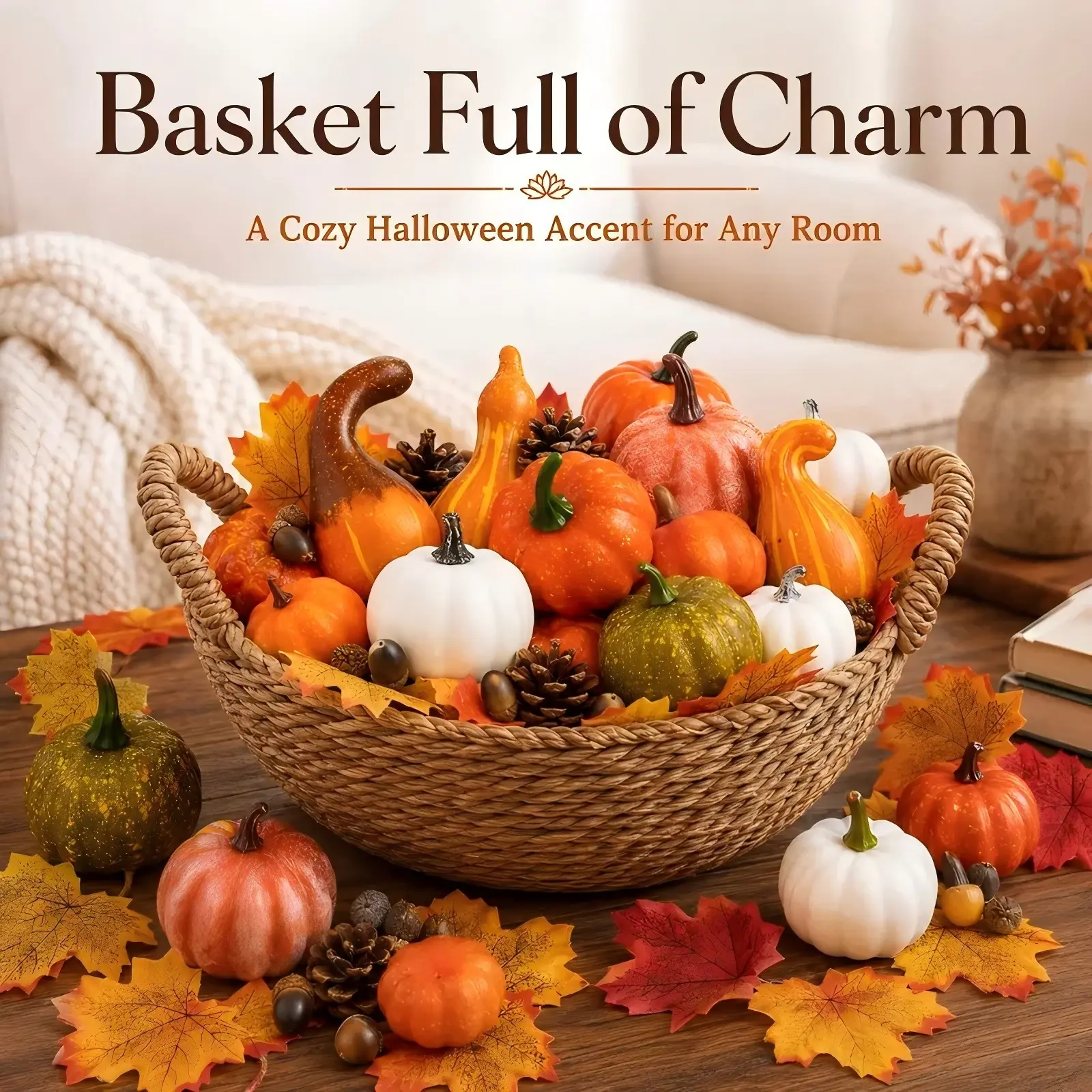 Fall Harvest Decorations, Realistic Fake Mini Pumpkins, Artificial Maple Leaves, Acorns & Pinecones for Halloween Thanksgiving Party Table Centerpiece