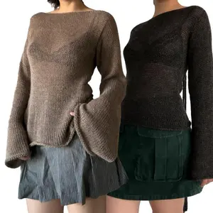 Y2KTieBackSweatersWomenLongSleeveBoatNeckSolidColorKnittedPulloverCasualCrochetTops