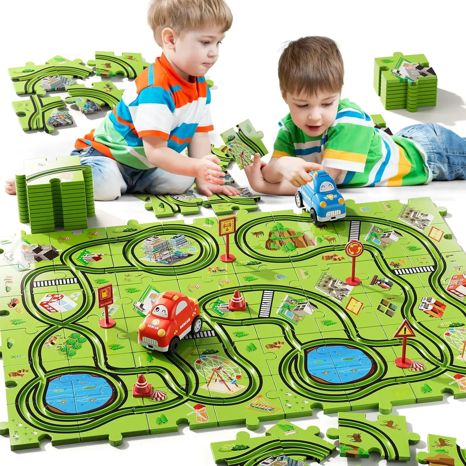 56pcs Jigsaw Puzzle Race Track Car Set for Kids Boys Toddlers 1-3 2-4 3-5 4-6 Puzzle Tracks Car Toys Gifts for 2 3 4 5 Year Old Boy Kid Toddler Toys